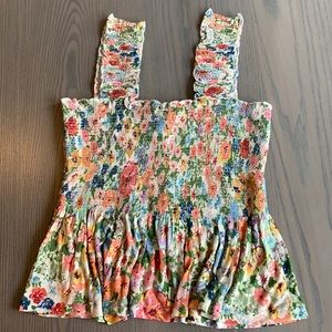 Anthropologie Smocked Babydoll Tank yellow flower